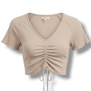 Colsie Women’s Beige Ruched Front Short Sleeve Cropped Bodycon Top – Xl